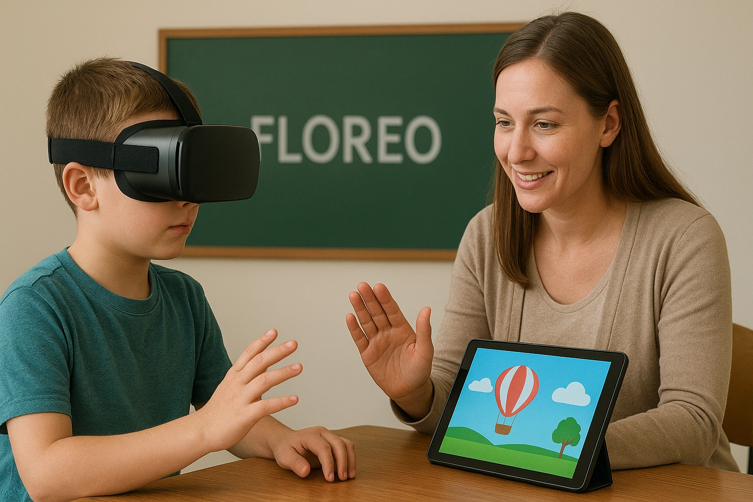 A depiction of a therapeutic VR session using a platform like Floreo for special education.