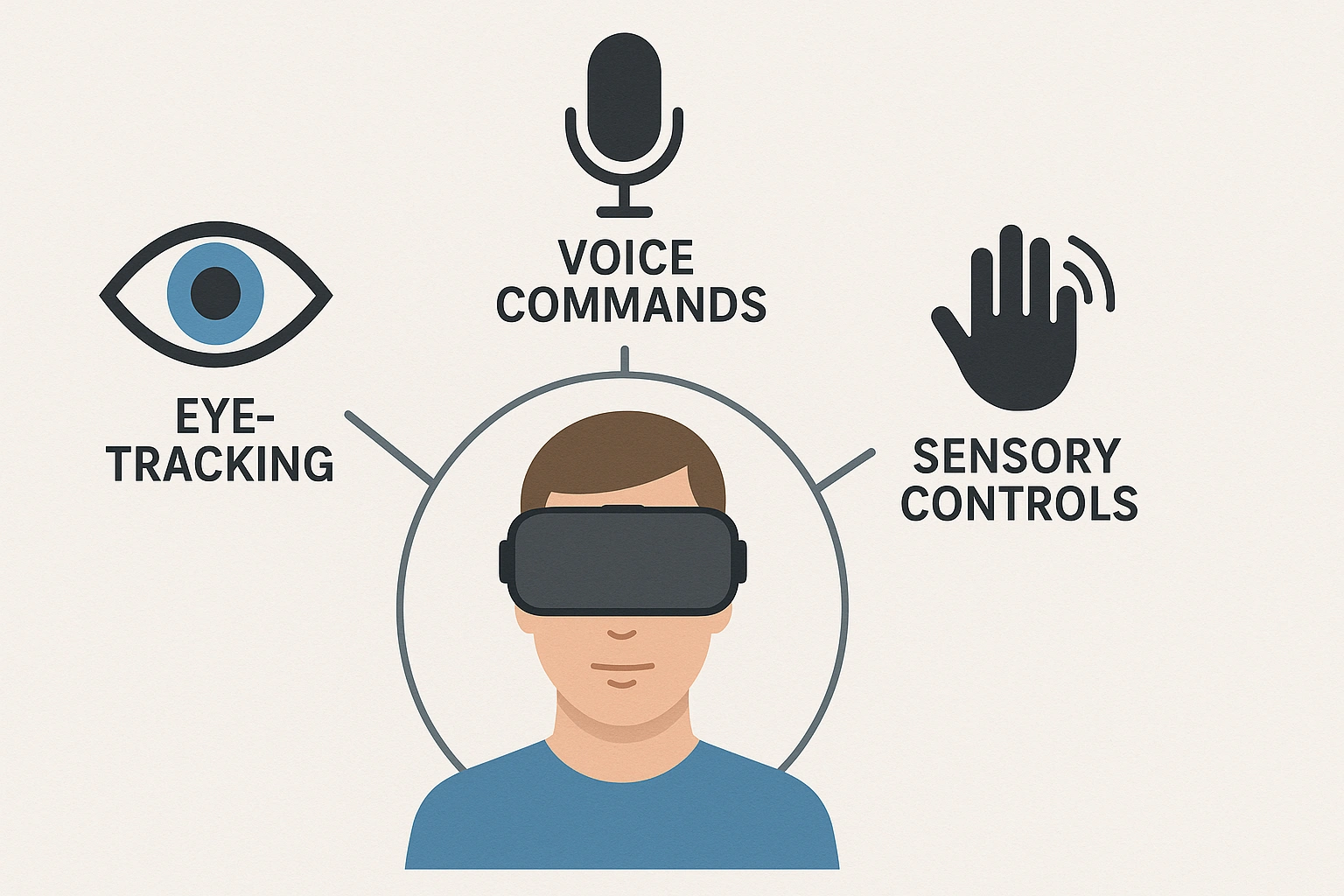 A diagram showing different VR accessibility tools like eye-tracking, voice commands, and sensory controls.