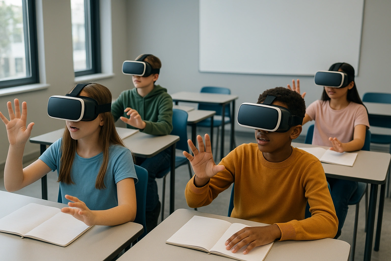 A group of students using VR education apps on headsets in a modern classroom.