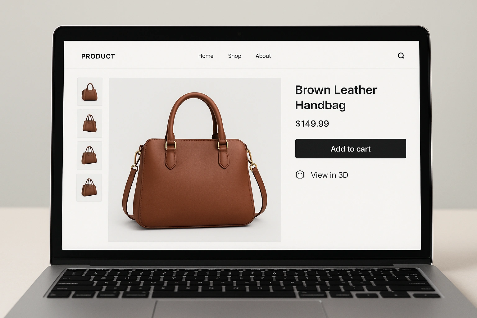 A laptop screen showing a 3D product viewer on an ecommerce product page.