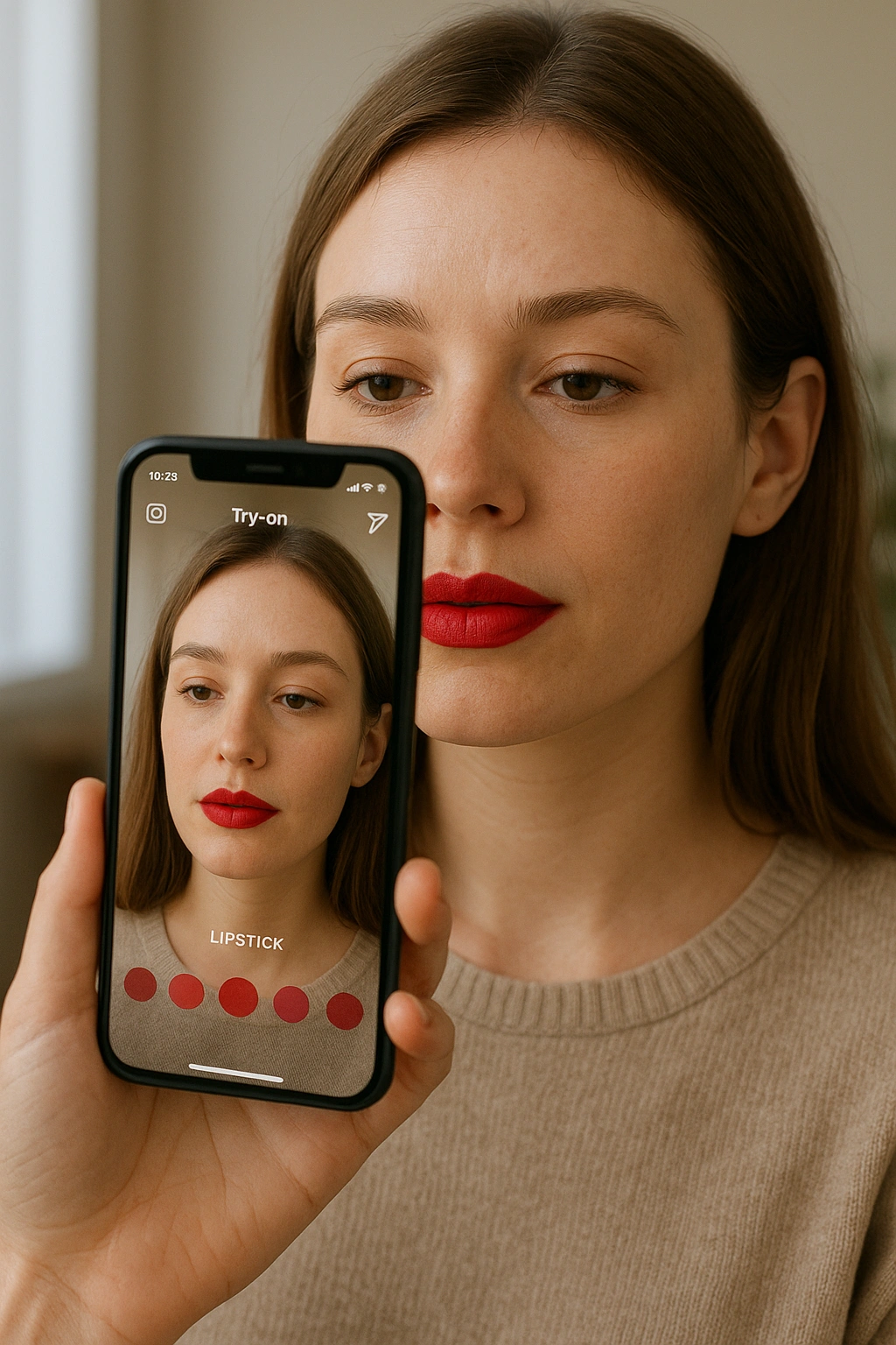 A person using an Instagram AR try-on filter on their smartphone to test a shade of lipstick.