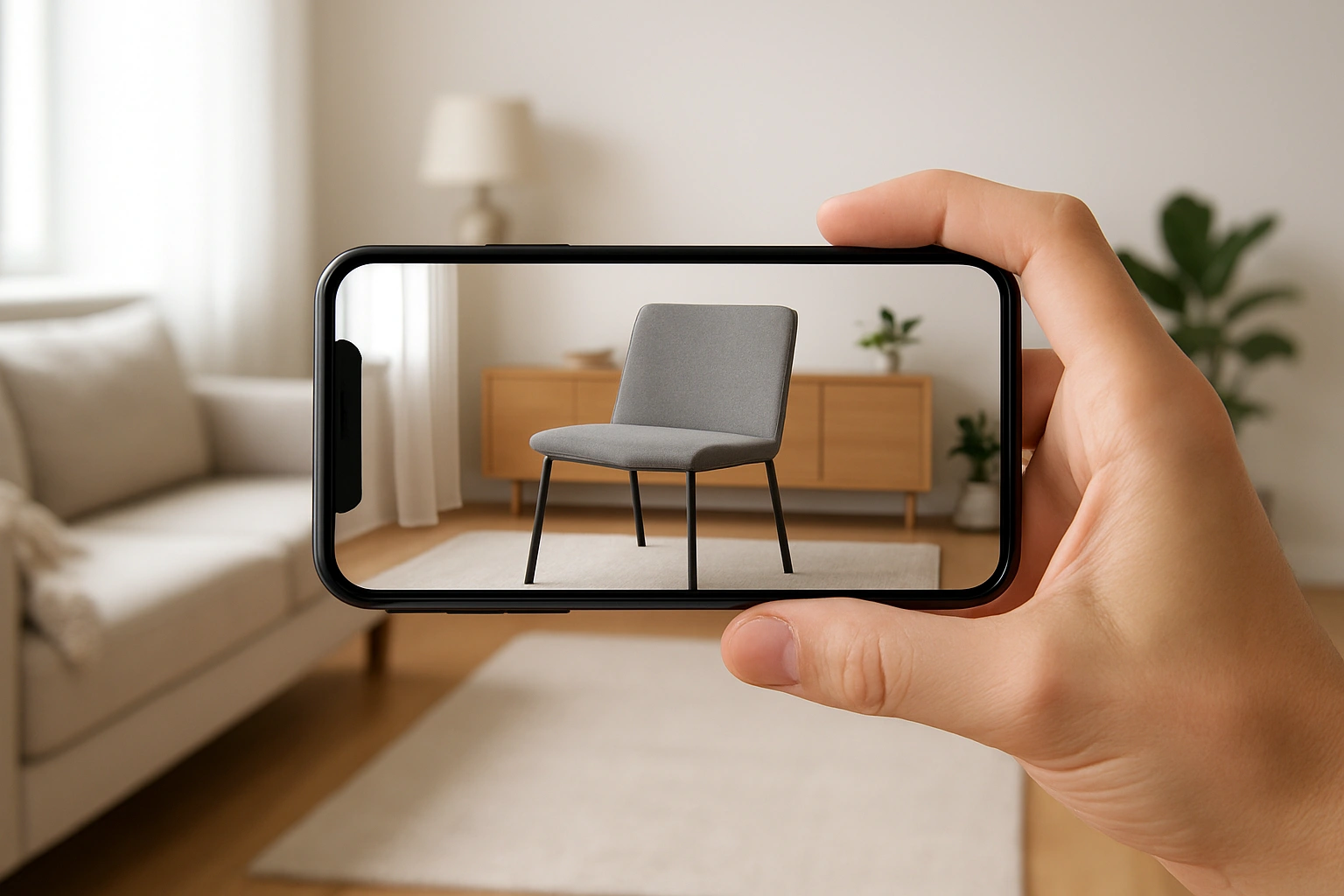 A person using their smartphone for AR shopping to visualize a chair in their living room.