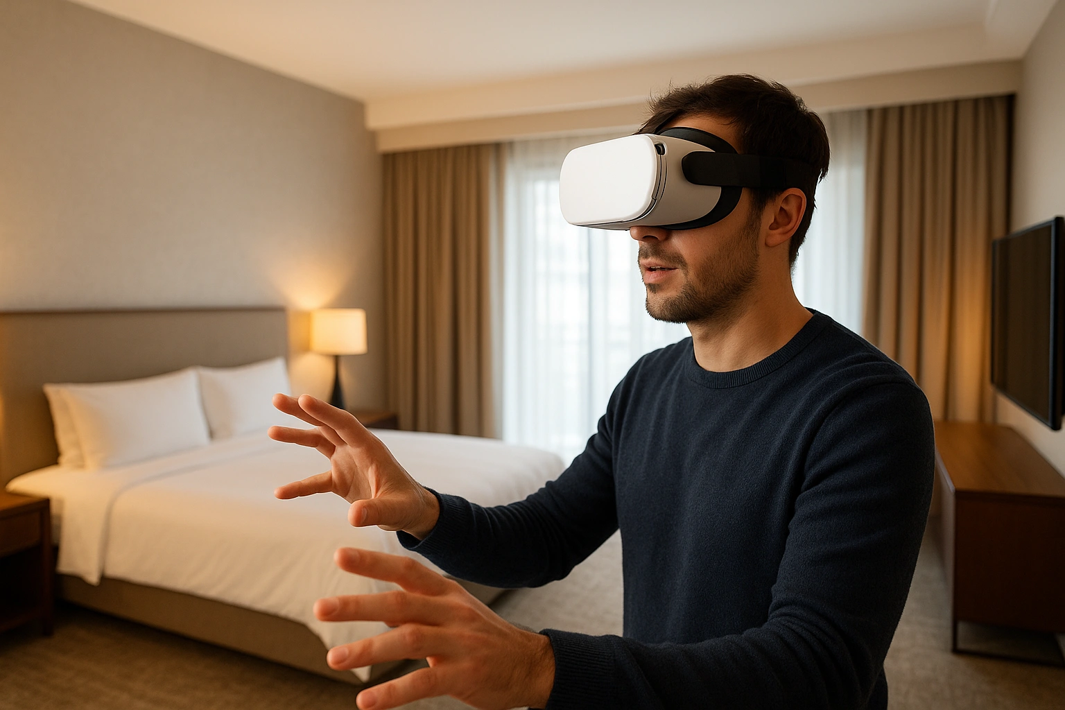 A person wearing a VR headset and exploring a virtual hotel walkthrough of a luxury suite.