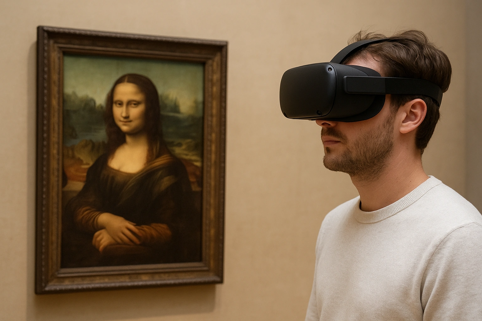 A person wearing a VR headset, looking at a famous painting in an online museum VR experience.