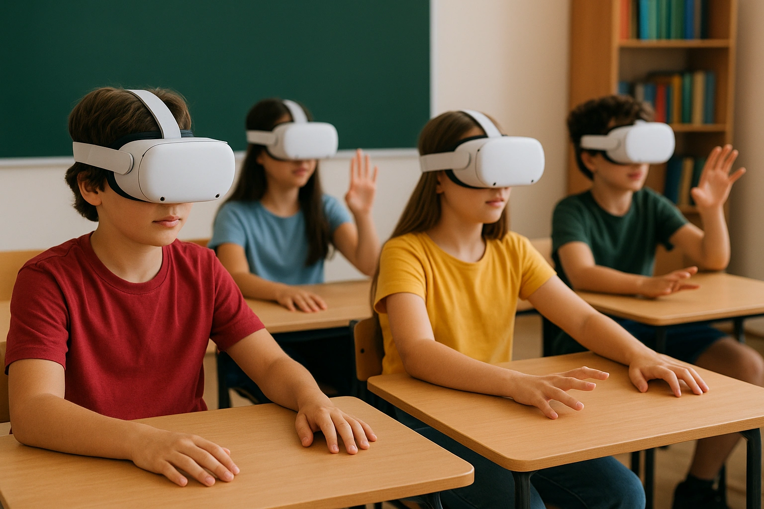 A set of VR headsets for schools being used by students in a classroom setting.
