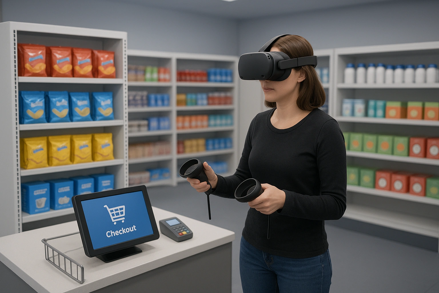 A simulated retail environment in VR training simulators for immersive job training.