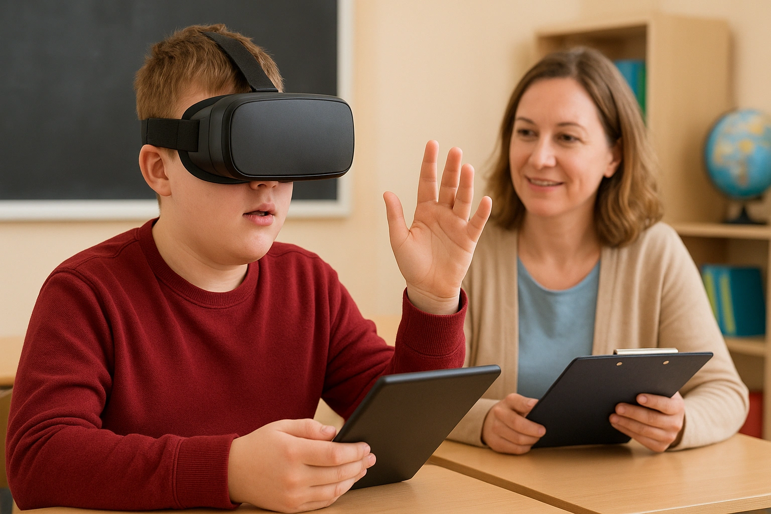 A student with special needs using VR accessibility tools in a supportive classroom environment.