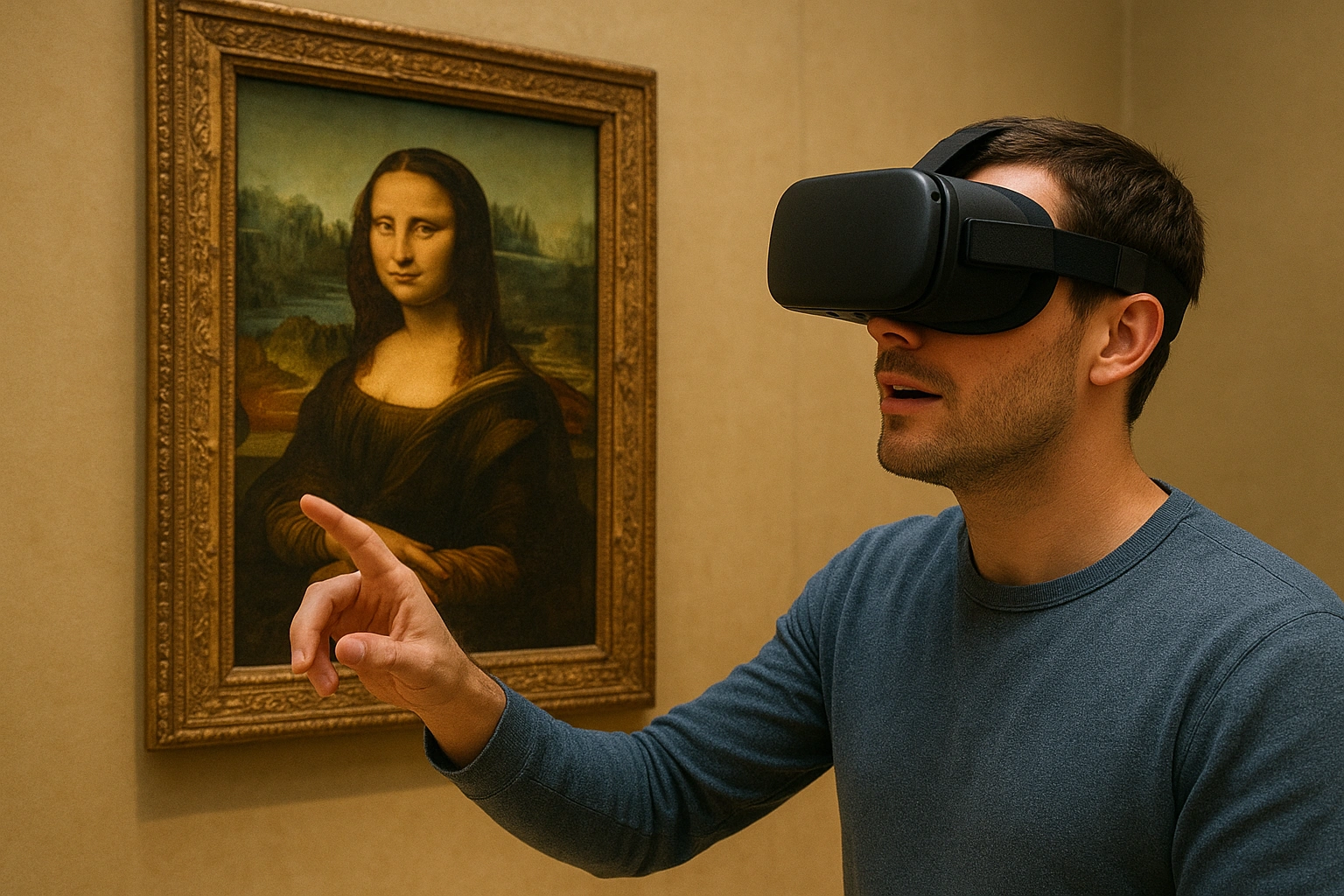 A user in VR getting an up-close view of the Mona Lisa during virtual museum tours in a cultural VR experience.