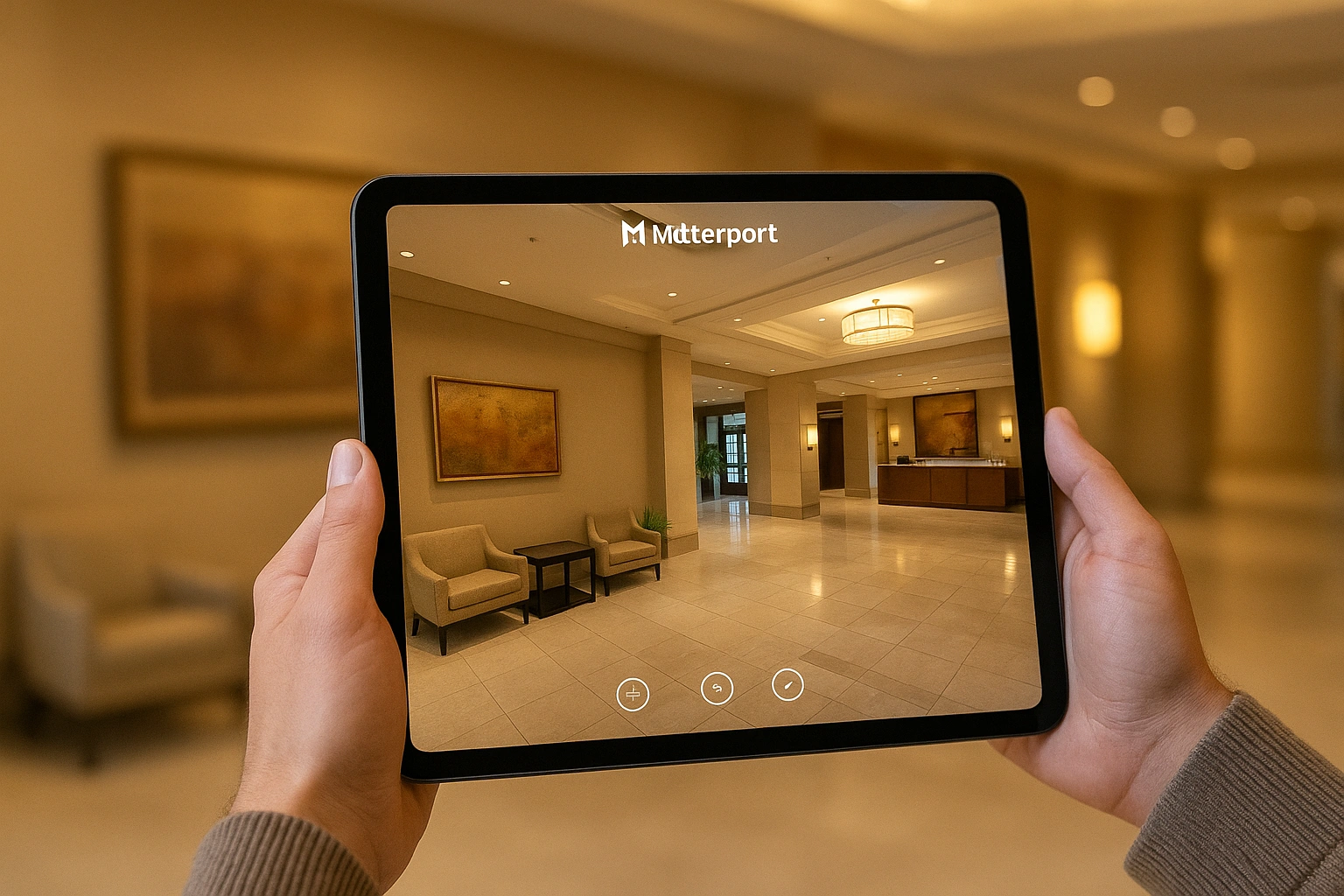 A user navigating a Matterport-powered VR hotel tours of a hotel lobby on a tablet.