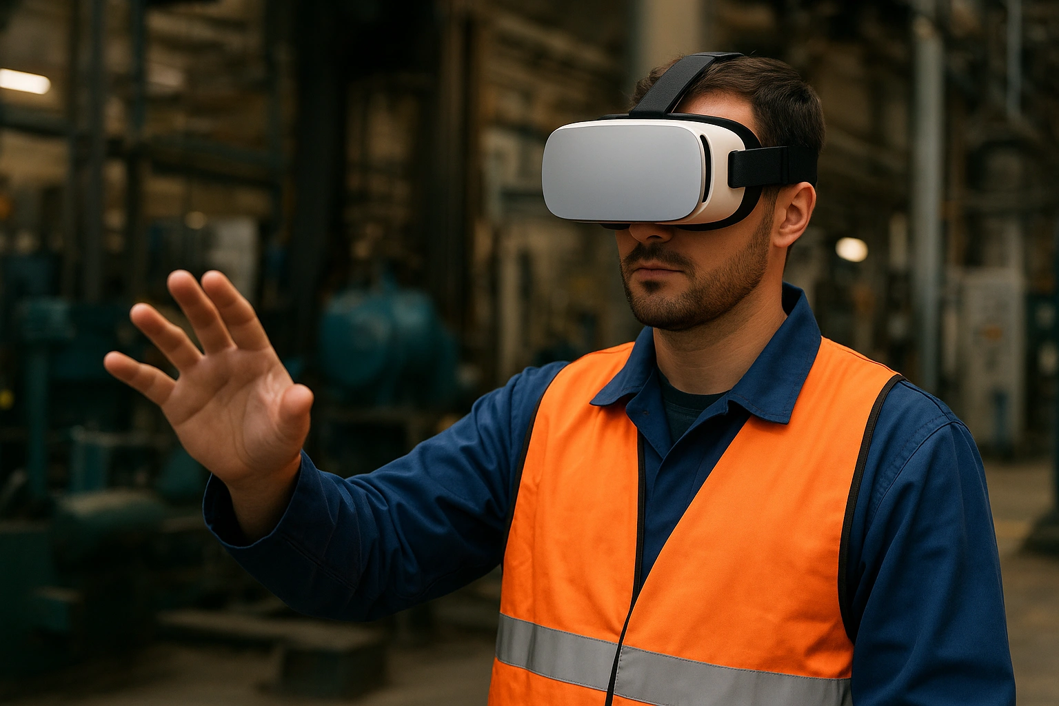 An employee wearing a VR headset during an industrial VR learning session for workforce upskilling.