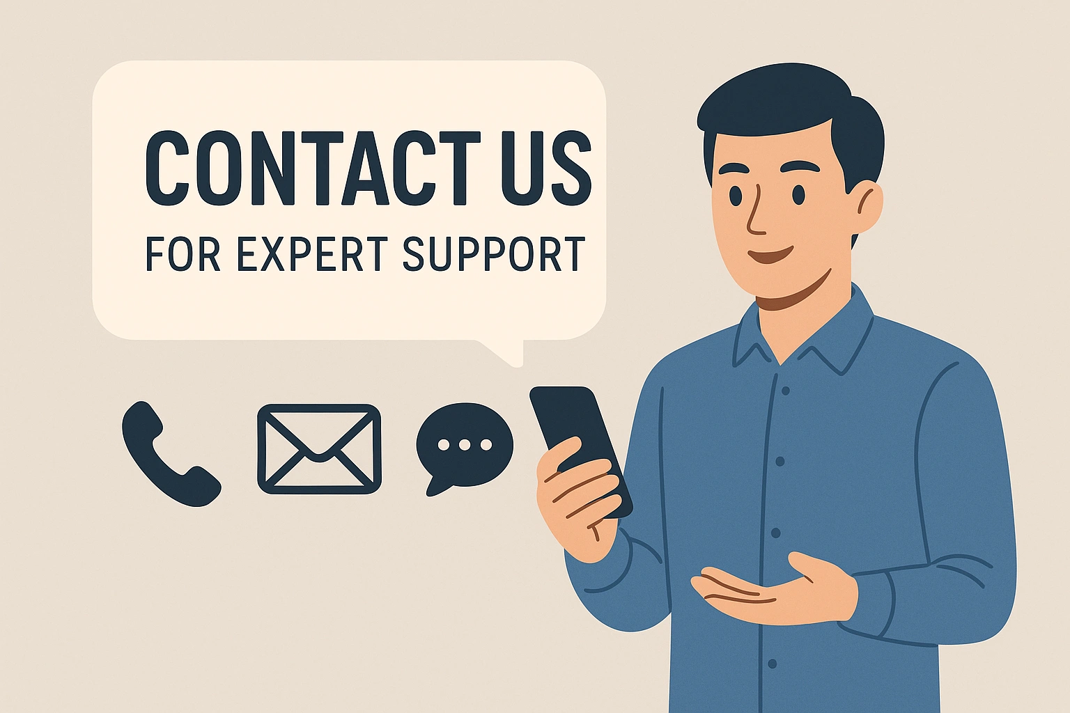 An illustration showing a user on how to contact us for expert support.