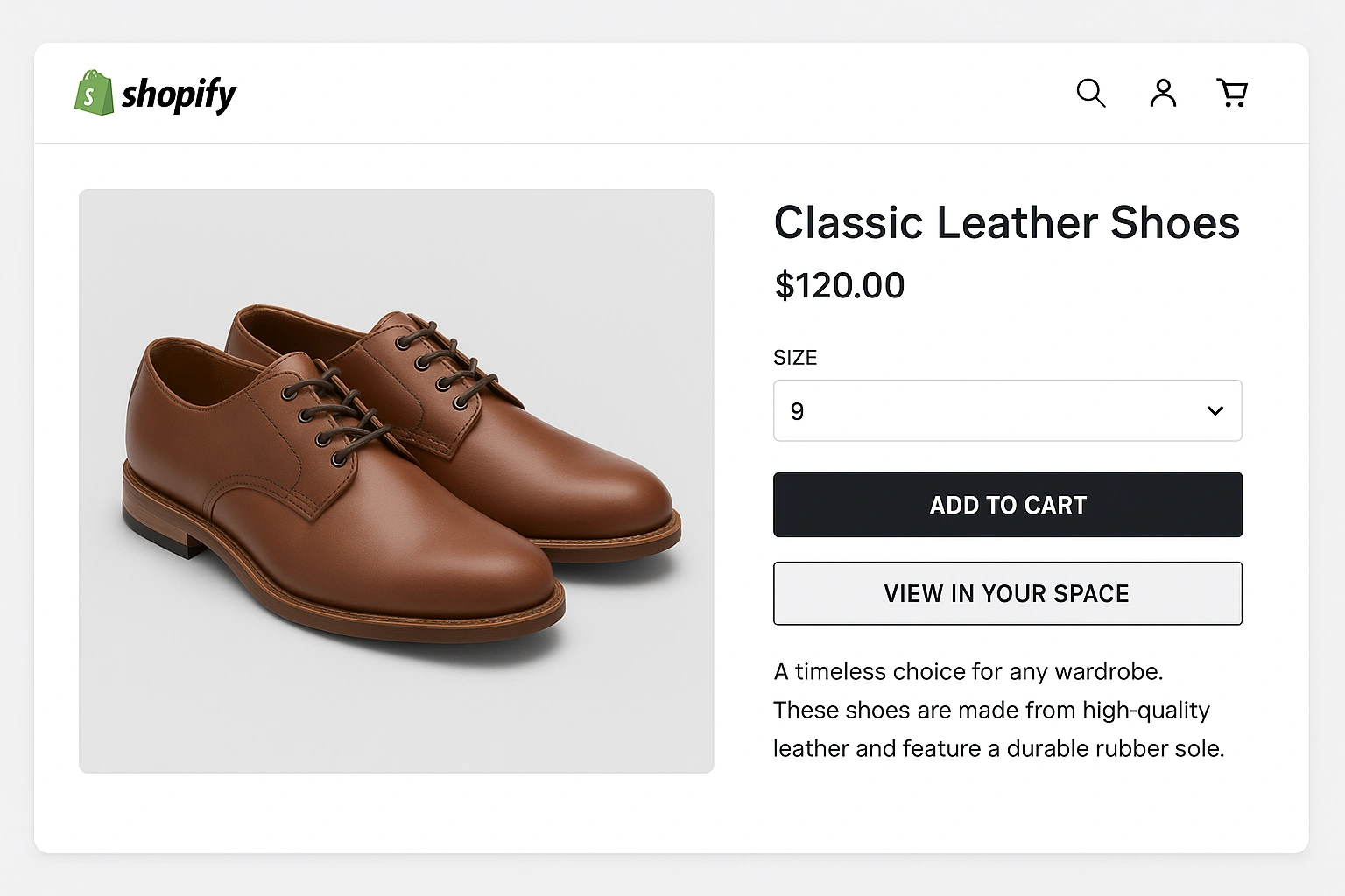 A screenshot of a Shopify product page with the 'View in Your Space' button for AR.