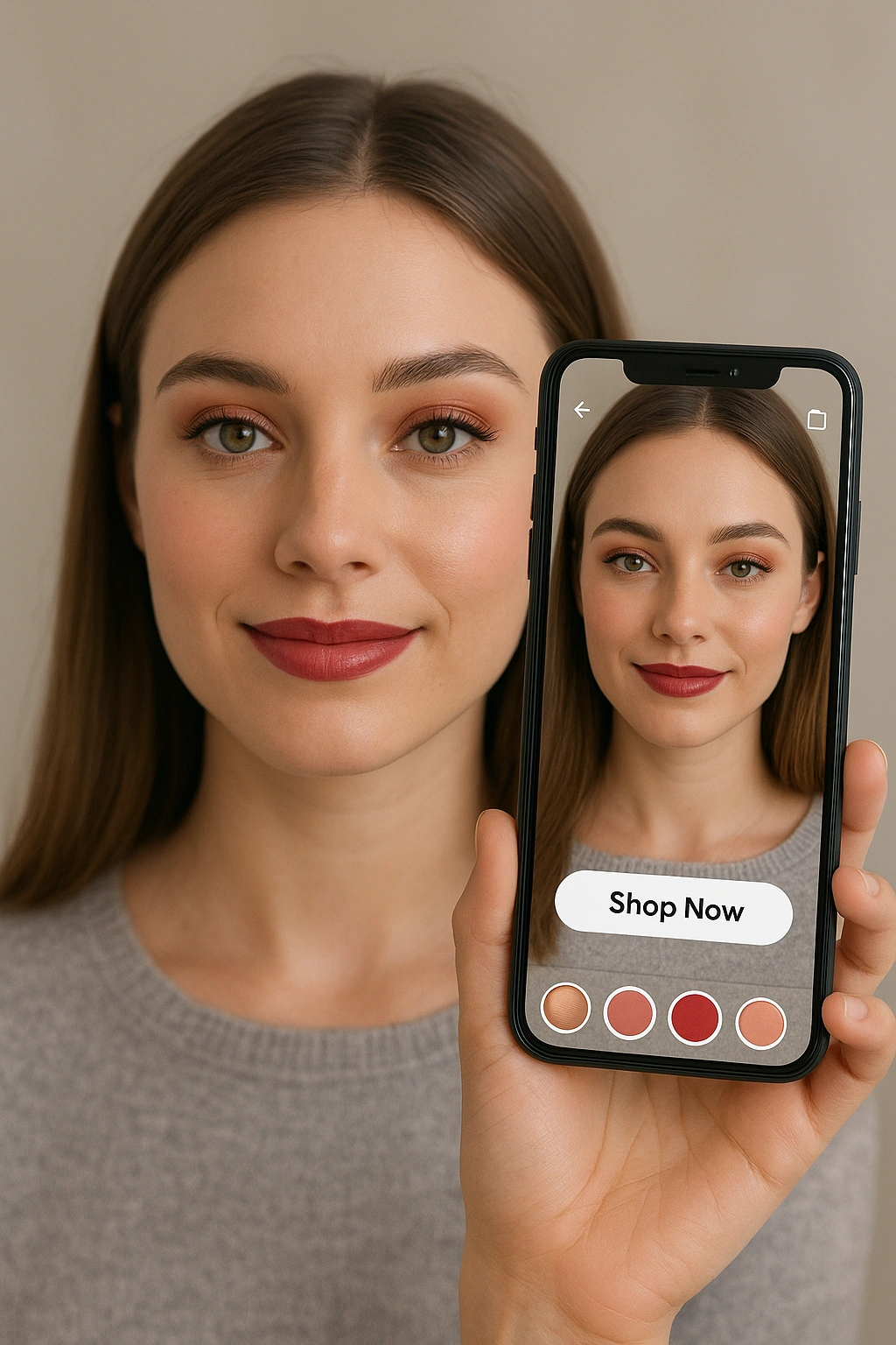 A demonstration of Snapchat AR shopping, showing a virtual makeup try-on with a 'Shop Now' button.
