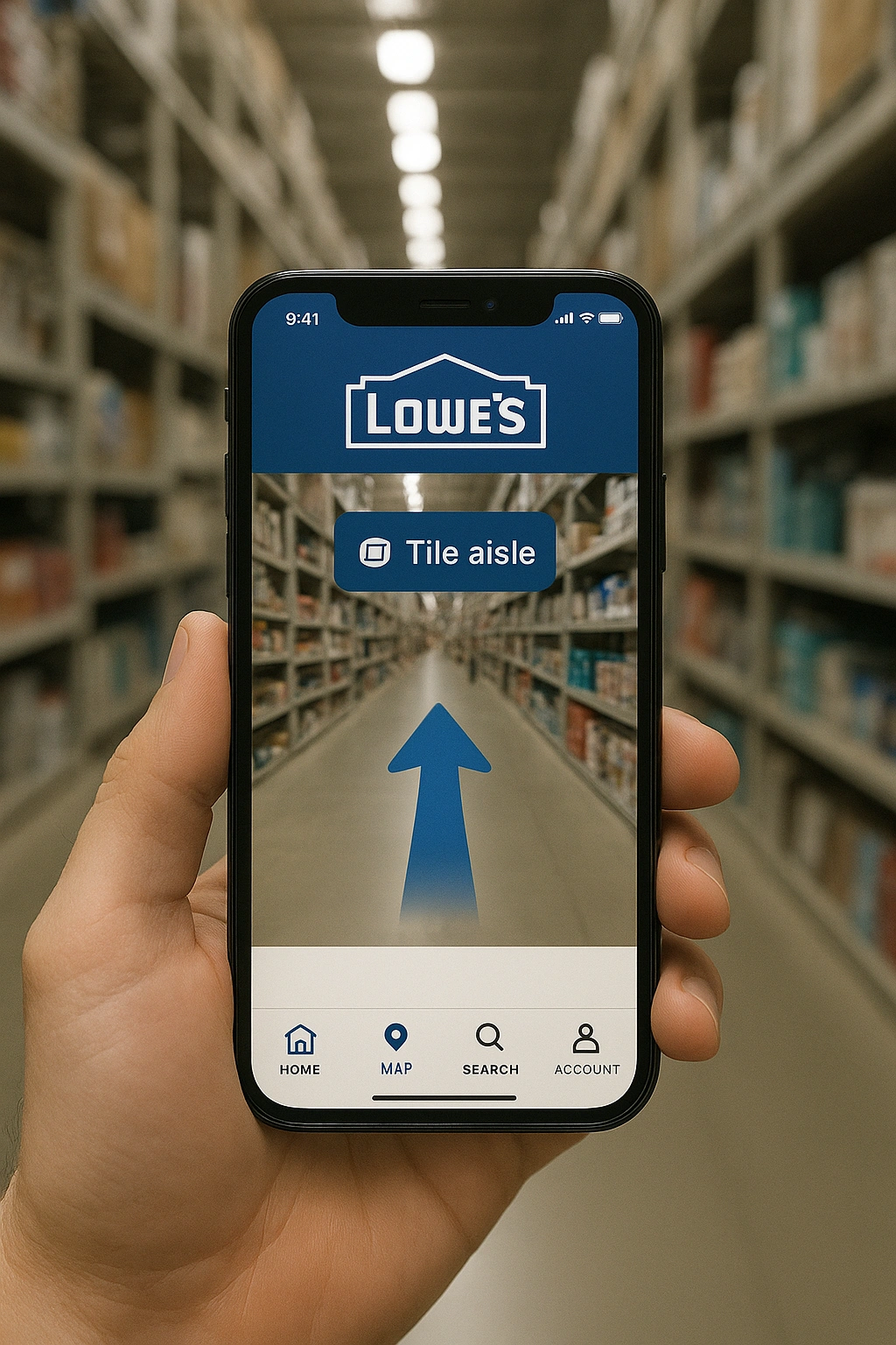 A smartphone screen showing the Lowe's app providing AR wayfinding through store aisles.
