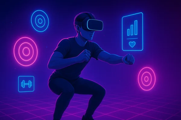 A person wearing a VR headset exercises in a neon-lit virtual world, performing punches and squats surrounded by floating targets and digital fitness elements, illustrating the immersive experience of VR fitness classes.