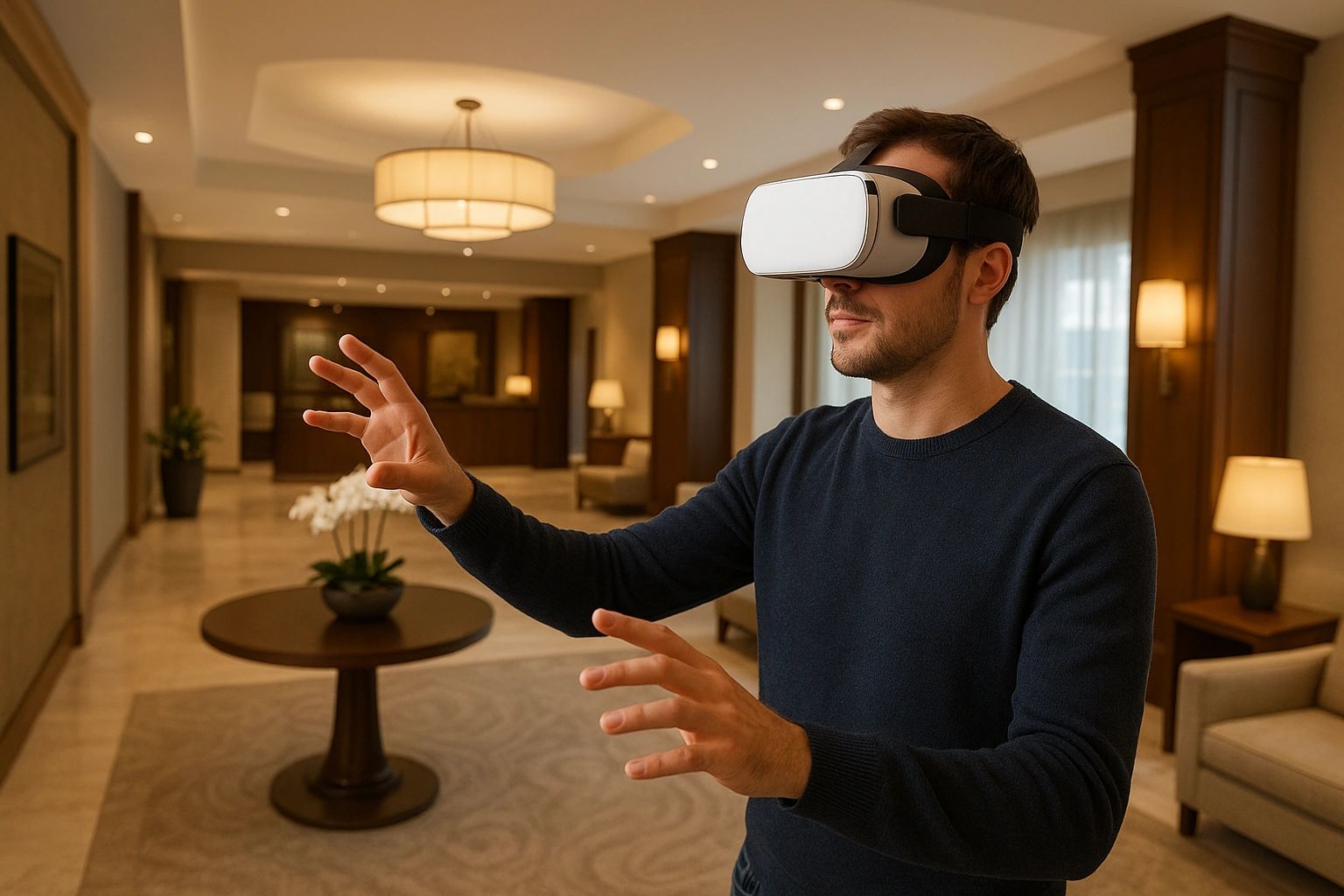 A guest experiencing a VR hotel tour, navigating a 3D hotel lobby with a virtual reality headset, demonstrating immersive hospitality and interactive VR booking tools.