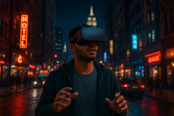 A person wearing a VR headset experiencing a virtual city tour, standing in a vibrant city street with landmarks and neon lights visible around them, showcasing immersive VR city tours.