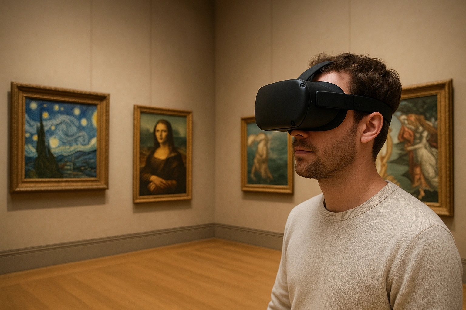 A person wearing a VR headset exploring famous artworks in a virtual museum, experiencing immersive virtual museum tours and VR heritage experiences.