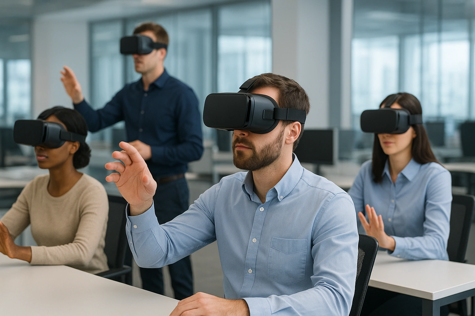Employees in a modern workplace using VR training simulators for immersive job training and skill development in a safe, controlled environment.