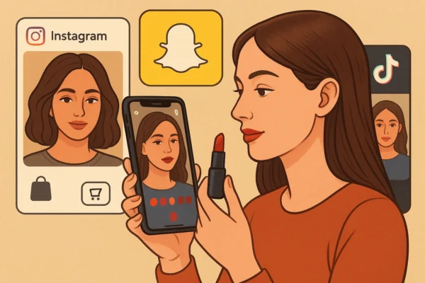 Illustration of a user engaging with social AR marketing on Instagram, Snapchat, and TikTok, trying virtual makeup with interactive AR filters and shopping icons.