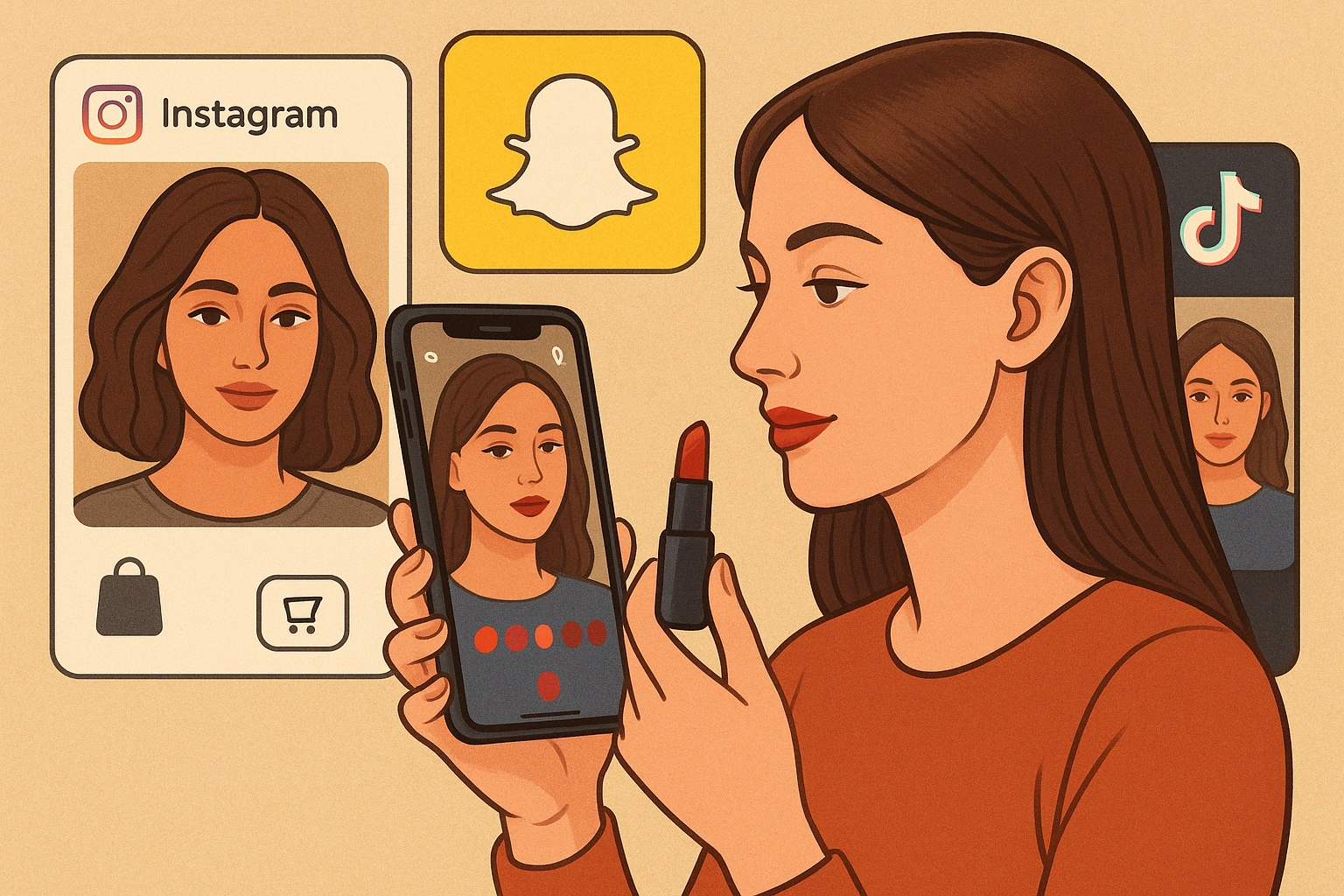 Illustration of a user engaging with social AR marketing on Instagram, Snapchat, and TikTok, trying virtual makeup with interactive AR filters and shopping icons.