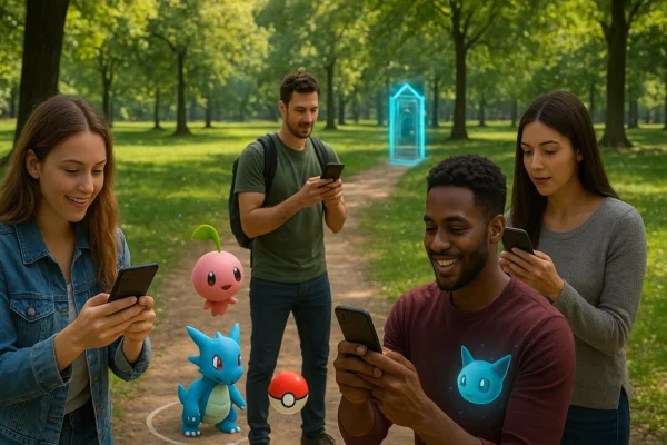 People exploring a park using smartphones to play location based AR games, with digital creatures, treasures, and virtual elements integrated into the real-world environment.