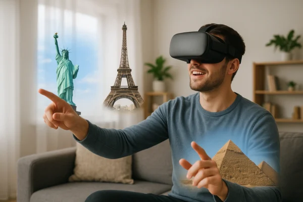Person using a VR headset at home exploring famous landmarks through virtual tourism apps, showcasing immersive 360° travel experiences.