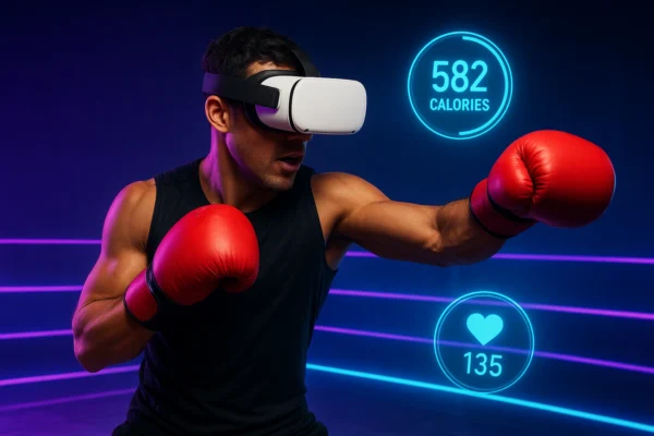 Person wearing a VR headset and boxing gloves performing a VR boxing workout in a neon virtual ring with floating holographic stats, representing immersive VR fitness and calorie-burning exercise.