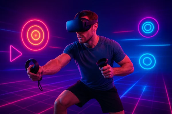 Person wearing a VR headset exercising in an immersive virtual fitness game with neon lights and holographic targets, representing VR workout and VR fitness games.
