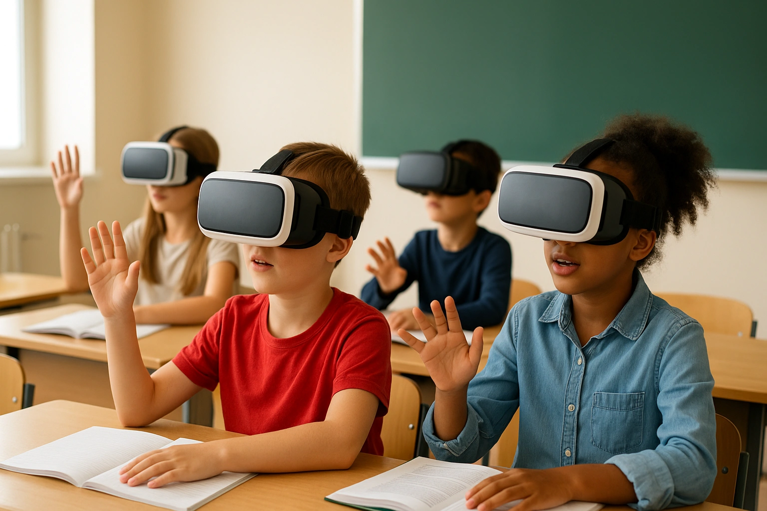 Students in a classroom using VR headsets for immersive learning, showcasing budget-friendly VR headsets for schools and interactive educational experiences.