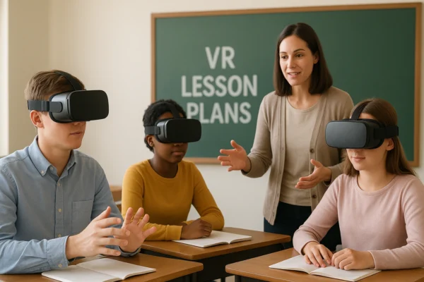 Students in a classroom using VR headsets with a teacher guiding them, representing effective VR lesson plans and curriculum planning for schools