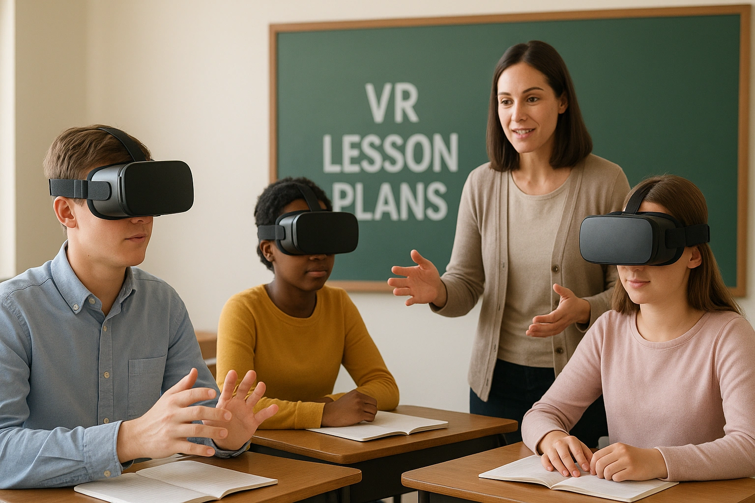 Students in a classroom using VR headsets with a teacher guiding them, representing effective VR lesson plans and curriculum planning for schools