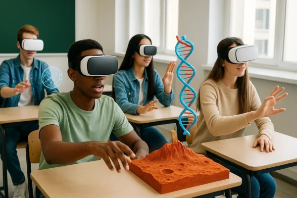 Students in a modern classroom wearing VR headsets, interacting with 3D virtual objects like Mars terrain and DNA models, demonstrating immersive VR learning experiences.
