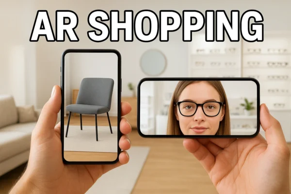 Thumbnail image showing AR shopping experience with virtual try-on and product visualization, featuring furniture and eyewear displayed through a smartphone in a modern retail setting.