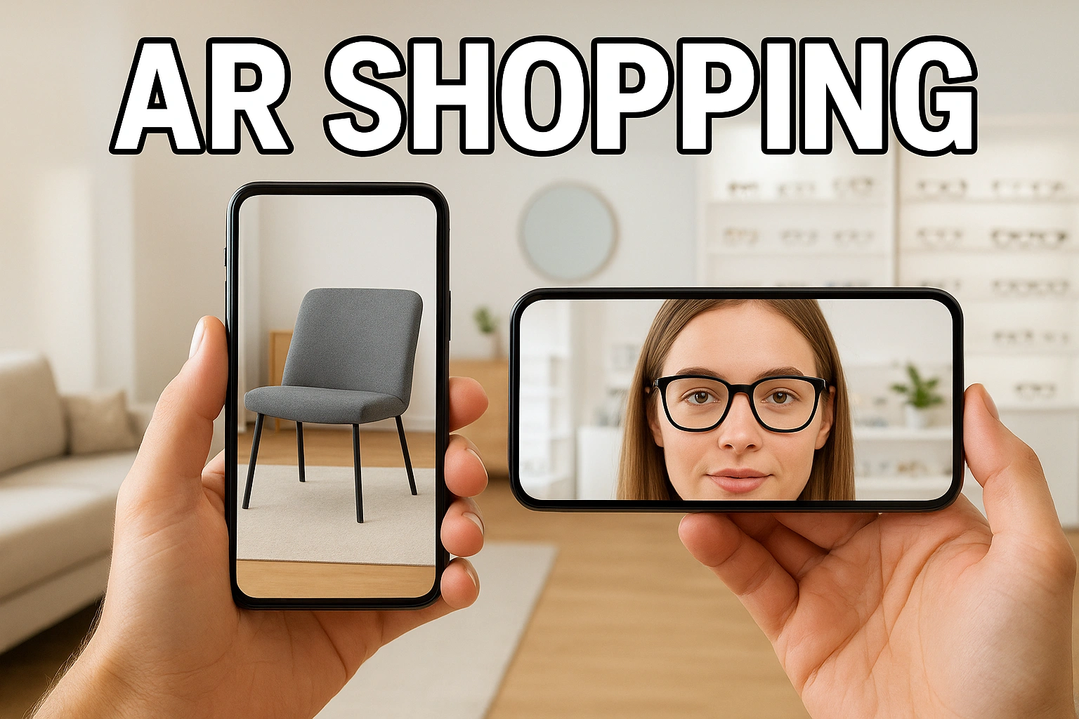 Thumbnail image showing AR shopping experience with virtual try-on and product visualization, featuring furniture and eyewear displayed through a smartphone in a modern retail setting.