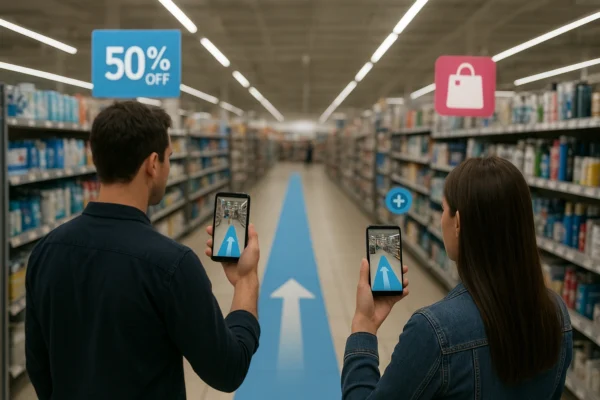 Shoppers in a retail store using smartphones with AR wayfinding arrows, digital promotions above shelves, and interactive AR elements, illustrating AR in retail stores and augmented reality shopping experience