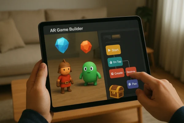A person using a no code AR game builder on a tablet, with virtual 3D characters, gems, and treasure chests floating in augmented reality over a real-world living room, illustrating how beginners can create AR games without coding.