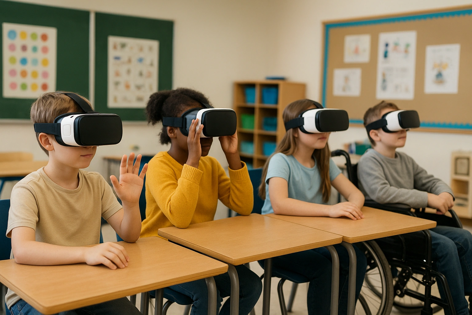 visualkan realistis (Students with diverse needs using VR headsets in a special education classroom, including a child in a wheelchair, highlighting inclusive VR learning and therapeutic outcomes.)