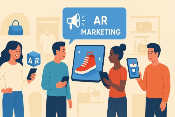 An illustration of a modern AR marketing campaign showing people interacting with augmented reality through smartphones and tablets, highlighting AR marketing campaigns and customer engagement in retail.