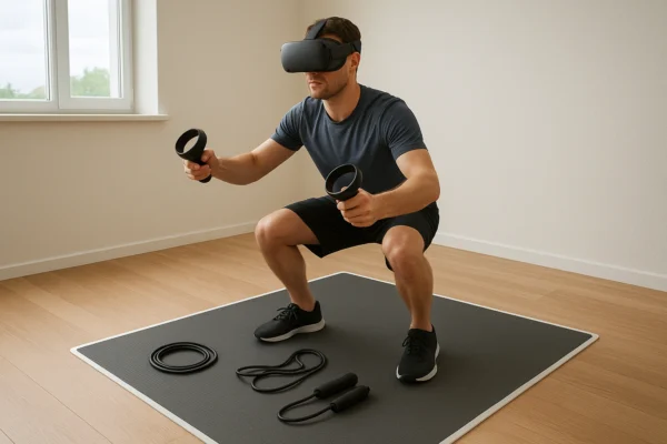 Person wearing a VR headset performing a VR workout in a home gym setup with a clear play space, anti-fatigue mat, VR controllers, and fitness accessories, representing a safe and immersive VR home gym setup.