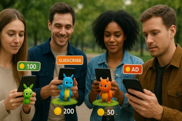 Illustration showing players interacting with an AR game on smartphones, with virtual creatures, in-game currency, and digital overlays representing AR game monetization through in-app purchases, subscriptions, and ads.